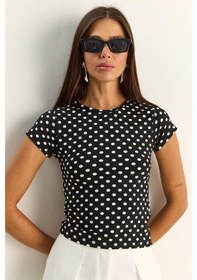 Resim Shade Kadın Bisiklet Yaka Puantiyeli Kısa Kollu Likralı Crop T-shirt 6137 60286127 - Siyah-beyaz Siyah - Beyaz 
