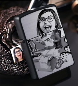 Resim Kişiye Özel Bayan Bankacı Karikatürlü Benzinli Siyah Metal Çakmak 