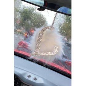 Resim Swarovski Gümüş Taşlı Dikiz Ayna Kolye Süsü Beyaz Tüylü L Harfi 