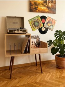 Resim RMD SHOP Sera Plak ve Pikap Sehpası Ahşap Plaklık ,Gramofon Standı, Çift Bölmeli Plak Düzenleyici Safir Meşe 