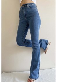 Resim Likralı Ispanyol Solmaz Orta Mavi Kadın Jeans Pantolon Mavi 