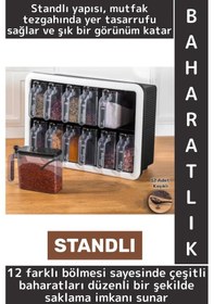 Resim Dayanıklı Sert Plastik Şeffaf Kaplı Mutfak Çok Şık Modern Standlı Kaşıklı 12'li Özel Baharatlık Seti Çok Renkli 