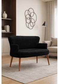 Resim Roma Modern İkili Koltuk - Babyface Kumaş - Kapitonesiz - Ahşap Ceviz Renk Ayak - Siyah Siyah 