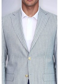Resim Açık Mavi Çizgili Keten Dokulu Gold Renk Metal Düğmeli Slim Fit Erkek Blazer Ceket Wessi Navy Blue 