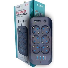 Resim Fulltech Termal Akım Korumalı, Çocuk Korumalı, 6'Lı 2 Mt Uzatma Kablosu 6 X Priz, 3 X Usb 