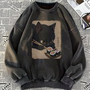 Resim Kadın Vintage Yıkanmış Kapüşonlu - Koyu Kahverengi/Siyah Retro Kedi Sushi Grafik Sweatshirt, Rahat Fit Uzun Kollu Pullover Günlük Rahat Kıyafetler için, Rahat Sonbahar Kış Kazak, Kedi Kapüşonlu, Kış Giyim, Konforlu Dokuma, Giyim Temel, Yumuşak Kumaş, Sokak Giyim Severleri 