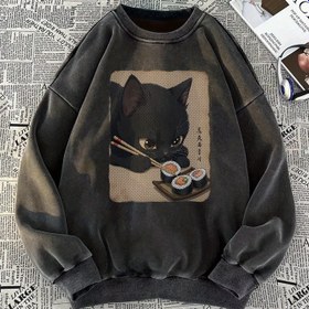 Resim Kadın Vintage Yıkanmış Kapüşonlu - Koyu Kahverengi/Siyah Retro Kedi Sushi Grafik Sweatshirt, Rahat Fit Uzun Kollu Pullover Günlük Rahat Kıyafetler için, Rahat Sonbahar Kış Kazak, Kedi Kapüşonlu, Kış Giyim, Konforlu Dokuma, Giyim Temel, Yumuşak Kumaş, Sokak Giyim Severleri 