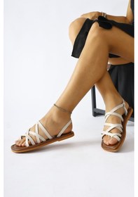 Resim Hakiki Deri Lucile Krem Çapraz İnce Bantlı Sandalet 001 