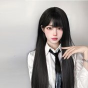 Resim Kabalı Siyah Düz Peruk, Isıya Dayanıklı Yüksek Sıcaklık Lif, Tokalı Ağ Kap, Cosplay, Partiler ve Günlük Kullanım için Kolay Stil, Peruk Aksesuarları 
