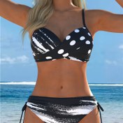Resim Şık Avrupa ve Amerika Tarzı Kadın Bikini Takımı - V-Yaka, Yüksek Esneklikli Kumaş Çizgili Desenle, Kolsuz, Çapraz Askı Detayı, Yüzme İçin İdeal, Bikini Takımı 