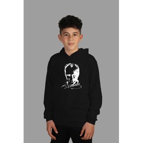 Resim Raf Coll çocuk Siyah Kapşonlu Sweatshirt Atatürk Dijital Baskılı Iki Iplik Içi Şardonlu 