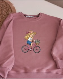 Resim Kız Çocuklar İçin Bisikletli Kız Baskılı Pudra Rengi Sweatshirt Pudra 