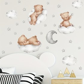 Resim Adorable Bear in Clouds & Stars Duvar Sticker - Yeniden Kullanılabilir PVC Sticker Yatak Odası, Oturma Odası, Çalışma Odası, Yemek Odası - Kolay Çıkarılabilir, Yatak Odası Duvar Dekoru | Şirin Tasarım | Kolay Kurulum Dekor, Duvar Dekoru 