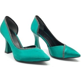 Resim Feles Kadeh Topuk Saten Taşlı Stiletto Kadın Topuklu Ayakkabı Yeşil 