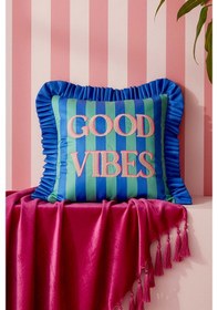 Resim Good Vibes Fırfırlı Dekoratif Kırlent Kılıfı Mavi 