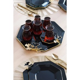 Resim Glore Dolmabahçe Sekizgen Siyah Altın Yaldızlı Cam Tepsi 