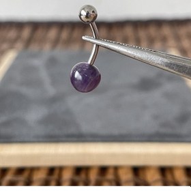 Resim %100 Cerrahi Çelik Doğal Ametis Taşlı Çelik Göbek Piercingi Gümüş 