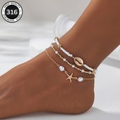 Resim Yaz Plaj Stili Yıldız Balığı ve İnci Taklit Boncuklu Paslanmaz Çelikten Yapılabilecek Kadın Halhal Seti, 3 Parça 