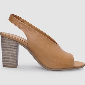 Resim %100 Hakiki Deri Bej Arkadan Lastikli Kadın Topuklu Sandalet Bej 