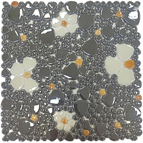 Resim MozaiKristaL Füme, Beyaz, Sarı Çiçek Desenli 31,5x31,5cm. Fileli Cam Mozaik. ( 5 File Karo=0.5 m2 Fiyatıdır ) 