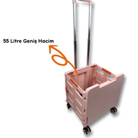 Resim Portakap 4 Tekerlekli, 55 Litre Pembe Katlanır Alışveriş Arabası - Katlanır Eşya Taşıma Kutusu, Pazar Arabası - Hareketli Tutacaklı, piknik Masalı 