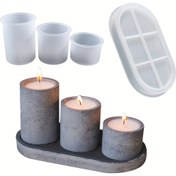 Resim 4'lü Set Silikon Alçı Kalıpları, 1 Adet Oval Tepsi ve 3 Adet Yuvarlak Mumluk Kalıbı Dahil, DIY Sanat El İşleri için Silikon Reçine Alçı Çimento Kalıp, Ev Dekorasyonu 