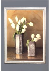 Resim Beyaz Lale Vazosu Desenli Dijital Baskılı Kadife Kumaş Çerçeveli Tablo Tbl0012 