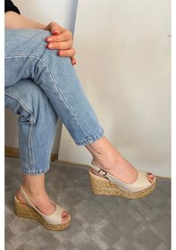 Resim Asmi Shoes Kadın Fenni 10 Cm Dolgu Topuklu Mantar Taban Ayakkabı Krem Krem 