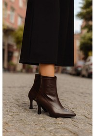 Resim Sivri Burun Şık Çorap Streç Günlük Kadeh Topuk Bot Yarım Çizme Kahverengi 