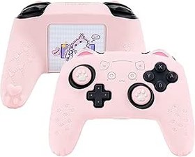 Resim GeekShare Pembe kedi pençe denetleyicisi cilt sapları seti, Nintendo Switch Pro ile uyumlu, kaymaz silikon koruyucu kapak kılıfı, Switch Pro kablosuz kumanda için Joystick kapakları 