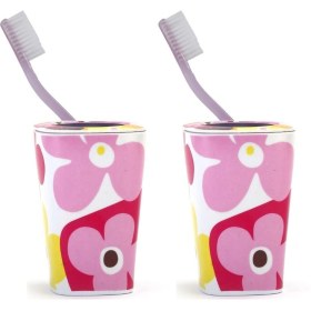 Resim 2 Adet Diş Fırçalık Kırmızı Papatya Melamin 7x7x11cm Banyo Seti Çok Renkli 