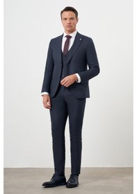 Resim Morven Erkek Lacivert Poliviskon Trend Yelekli Çizgili Desen Slim Fit Sivri Yaka Takım Elbise Lacivert 