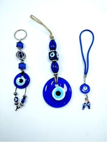 Resim Ennea Art Nazar Boncuğu Duvar Dekoru Araba Dikiz Ayna Süsü Anahtarlık Cam El Yapımı Dekoratif Set 