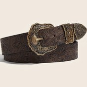 Resim 1 adet Bohemian Western Cowboy Tarzı Kemer, İncelikli Kabartmalı Tasarım - Kahverengi Suni Deri, Alaşım Toka, Şık Ceketler, Elbiseler ve Kotlar için Mükemmel, Şık Aksesuar|İncelikli Kabartma|Dayanıklı Kemer, Batı Aksesuarları 