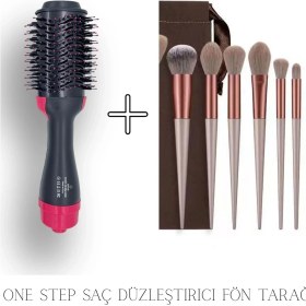 Resim Saç Düzleştirici Fön Tarağı ve 13 Parçalı Makyaj Fırça Seti, Siyah Renk 