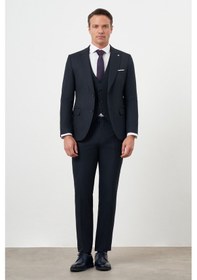 Resim Morven Erkek Lacivert Poliviskon Basic Yelekli Jakar Desen Slim Fit Sivri Yaka Takım Elbise Lacivert 