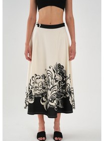 Resim Alexandergardı Desenli Yandan Fermuarlı Kloş Uzun Etek Bej 