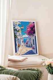 Resim Zestia Beyaz Çerçeveli Tablo, Yunan Adası Sokak Manzarası, Balkon Dekoru Poster No: 111245 15 x 21 