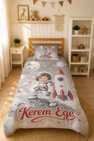 Resim Evmila Karikatüristik Astronot Temalı Nevresim Takımı - 100x150 cm Nevresim ( Bebek Boy Özelleştirilmiş ) + 35x45 cm Yastık Kılıfı 