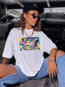 Resim Kadın Beyaz Oversize Pamuk Baskılı T-shirt Beyaz 