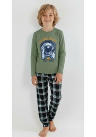 Resim Vitmo Erkek Çocuk Uzun Kollu %100 Pamuklu Pijama Takımı Astro Pilot Yeşil 
