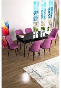 Resim Canisa Han Serisi 70x114 Açılabilir Mdf Mutfak Masası Takımı Siyah Mermer Desen Masa 6 Mor Sandalye Masa Siyah Mermer Sandalyeler Mor 