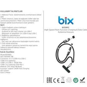 Resim Grains Global Bix 5IN1C-BK 1.5 Metre Siyah 240W Usb-A ve Type C ve Lightning Çok Fonksiyonlu Yüksek Hızlı Şarj ve Data Kablosu, Çok Uçlu Şarj Kablosu (Tüm Type C/lightning Telefon ve Tabletlerle Uyumludur) 