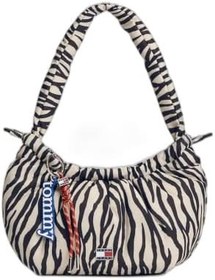 Resim Kadın Zebra Desen Fermuar Kapama Tommy Logo Aksesuarlı Mavi Omuz Çantası AW0AW18882-0ZP 