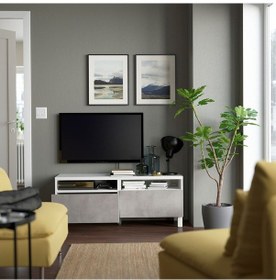 Resim Tv Sehpası, Beyaz-açık Gri, 120x42x48 Cm, Kallvıken, Fren Raylı Gri 