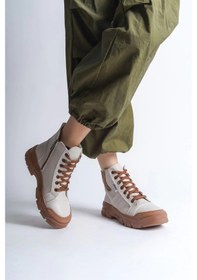 Resim Amber Bağcıklı Fermuarlı Ortopedik Taban Kadın Bot Ctt - Krem Krem 