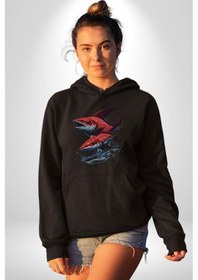 Resim Kırmızı Japon Balığı Kadın Erkek Siyah Kapüşonlu Sweatshirt Hoodie Siyah 
