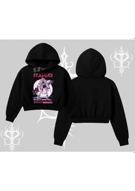 Resim Kapşonlu Crop Sweatshirt Kawaii Cyberpunk Kız Japon Stil Baskı Siyah 