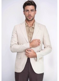 Resim Bej Balıksırtı Desenli Gold Renk Metal Düğmeli Slim Fit Erkek Blazer Ceket - Wessi Cream 