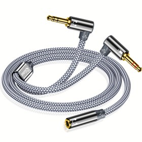 Resim Çift 3.5mm Erkekten Dişe Adaptör, Güçlü Örgülü Y-Tipi Bölücü Kablosu, Mikrofon, Stereo Jack Kulaklık Port Adaptörü Oyun Kulaklıklarına PC, Laptop, Akıllı Telefon 